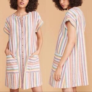 Lou & Grey LOFT Stripe Linen Cotton Oversized Shift Dress Rainbow Boho Natural